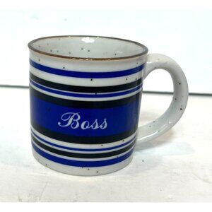 Vintage Otagiri Blue Striped Ceramic Coffee Mug Boss Script Speckled Design